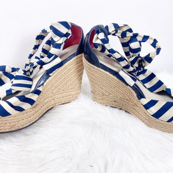 Ugg 7 Womens Blue White Striped Lucianna Strap Espadrille Wedge Sandals - Picture 8 of 11